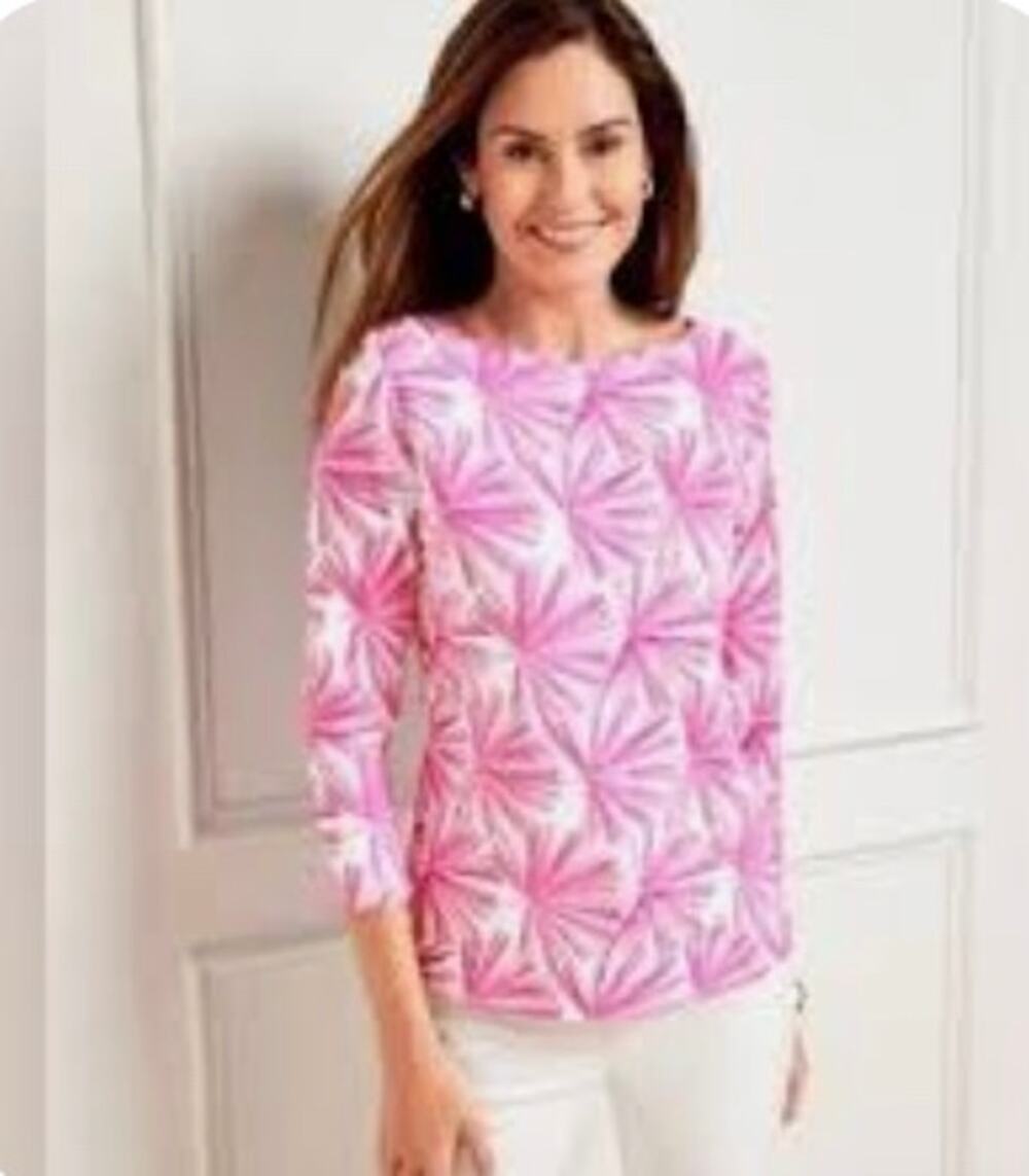 Talbots Womens 2X Pink White Floral Pom Pom 3 4 Sleeve Cotton Summer Top NEW
